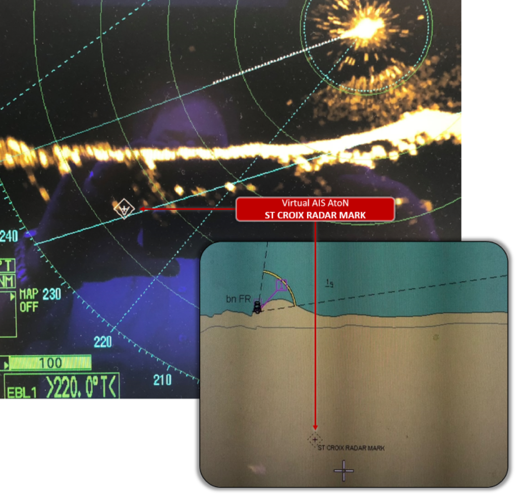 Figure 5-10. A Virtual AIS AtoN broadcast on a cell tower at Sainte-Croix as a radar mark