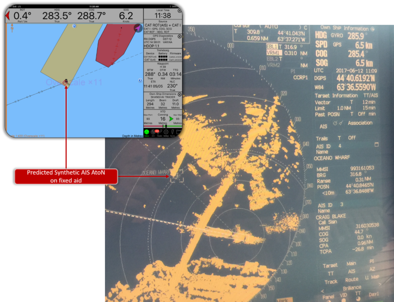 Figure 5-11. A Predicted Synthetic AIS AtoN broadcast on a fixed aid to navigation (range light) on the wharf at the Bedford Institute of Oceanography (BIO)