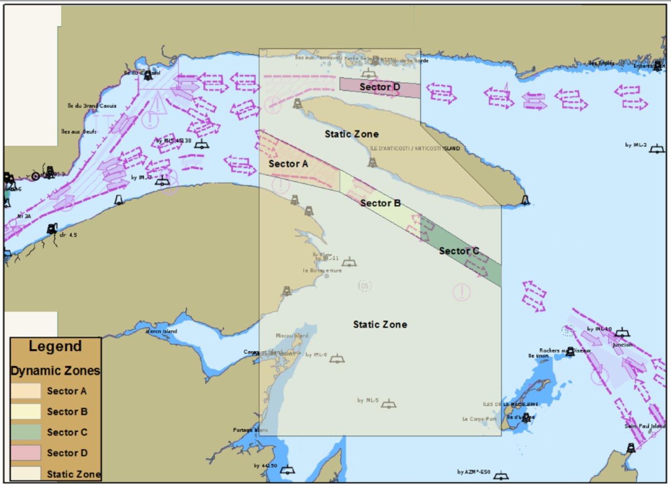 Figure 5-16. Static and dynamic speed reduction zones in the Gulf of St. Lawrence