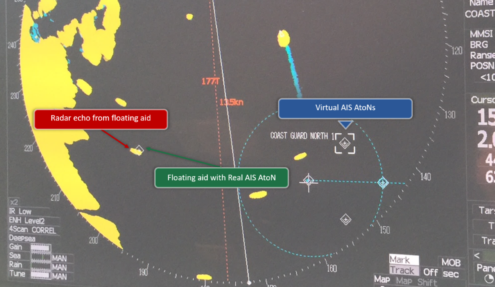 Figure 5-8. Example of a Real AIS AtoN on radar Note the absence of echoes associated with Virtual AIS AtoN